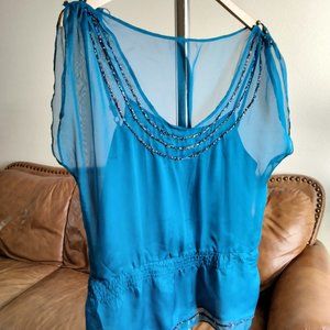 MARINE BLU Beaded Chiffon Sheer Blouse Tunic Size L